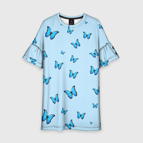 Детское платье 3D с принтом Синие бабочки в Петрозаводске, 100% полиэстер | прямой силуэт, чуть расширенный к низу. Круглая горловина, на рукавах — воланы | Тематика изображения на принте: blue | butterfly | emoji | smile | бабочки | насекомые | эмоджи