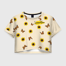 Женская футболка Crop-top 3D с принтом Butterflies and sunflowers в Петрозаводске, 100% полиэстер | круглая горловина, длина футболки до линии талии, рукава с отворотами | butterfly | summer | sunflower | бабочки | лето | насекомые | подсолнух | цветы