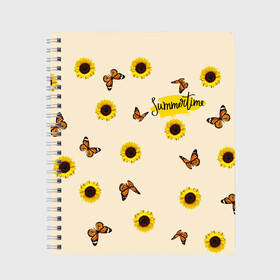 Тетрадь с принтом Butterflies and sunflowers в Петрозаводске, 100% бумага | 48 листов, плотность листов — 60 г/м2, плотность картонной обложки — 250 г/м2. Листы скреплены сбоку удобной пружинной спиралью. Уголки страниц и обложки скругленные. Цвет линий — светло-серый
 | Тематика изображения на принте: butterfly | summer | sunflower | бабочки | лето | насекомые | подсолнух | цветы