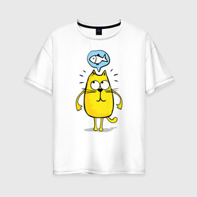 Женская футболка хлопок Oversize с принтом Кот мечтает о рыбе в Петрозаводске, 100% хлопок | свободный крой, круглый ворот, спущенный рукав, длина до линии бедер
 | cat | kitty | киска | кот | котик | котэ | кошечка | кошка | пушистик