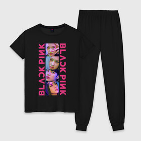 Женская пижама хлопок с принтом BLACKPINK Neon в Петрозаводске, 100% хлопок | брюки и футболка прямого кроя, без карманов, на брюках мягкая резинка на поясе и по низу штанин | black | blackpink | chae | jennie | jisoo | kim | kpop | lalisa | lisa | manoban | neon | park | pink | rose | young | дженни | джису | ён | ким | лалиса | лиса | манобан | неон | пак | розэ | че