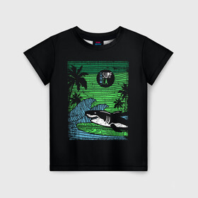 Детская футболка 3D с принтом Surf shark в Петрозаводске, 100% гипоаллергенный полиэфир | прямой крой, круглый вырез горловины, длина до линии бедер, чуть спущенное плечо, ткань немного тянется | shark | акула | вода | море | океан | остров | отпуск | пальмы | серфинг
