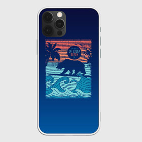 Чехол для iPhone 12 Pro с принтом Медведь на серфинге в Петрозаводске, силикон | область печати: задняя сторона чехла, без боковых панелей | Тематика изображения на принте: волны | закат | медведь | море | океан | отдых | отпуск | пальмы | серфинг