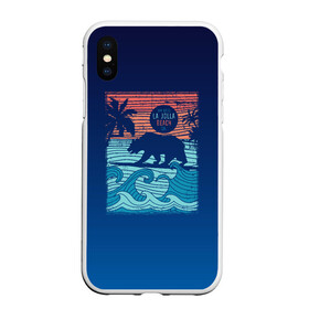 Чехол для iPhone XS Max матовый с принтом Медведь на серфинге в Петрозаводске, Силикон | Область печати: задняя сторона чехла, без боковых панелей | Тематика изображения на принте: волны | закат | медведь | море | океан | отдых | отпуск | пальмы | серфинг