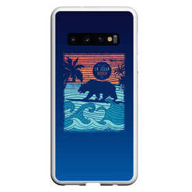 Чехол для Samsung Galaxy S10 с принтом Медведь на серфинге в Петрозаводске, Силикон | Область печати: задняя сторона чехла, без боковых панелей | Тематика изображения на принте: волны | закат | медведь | море | океан | отдых | отпуск | пальмы | серфинг