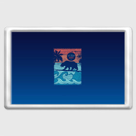 Магнит 45*70 с принтом Медведь на серфинге в Петрозаводске, Пластик | Размер: 78*52 мм; Размер печати: 70*45 | волны | закат | медведь | море | океан | отдых | отпуск | пальмы | серфинг