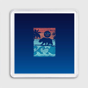 Магнит 55*55 с принтом Медведь на серфинге в Петрозаводске, Пластик | Размер: 65*65 мм; Размер печати: 55*55 мм | волны | закат | медведь | море | океан | отдых | отпуск | пальмы | серфинг