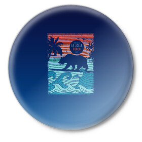 Значок с принтом Медведь на серфинге в Петрозаводске,  металл | круглая форма, металлическая застежка в виде булавки | волны | закат | медведь | море | океан | отдых | отпуск | пальмы | серфинг