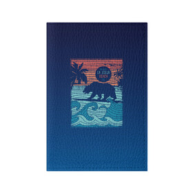 Обложка для паспорта матовая кожа с принтом Медведь на серфинге в Петрозаводске, натуральная матовая кожа | размер 19,3 х 13,7 см; прозрачные пластиковые крепления | Тематика изображения на принте: волны | закат | медведь | море | океан | отдых | отпуск | пальмы | серфинг