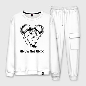 Мужской костюм хлопок с принтом GNU’s Not UNIX в Петрозаводске, 100% хлопок | на свитшоте круглая горловина, мягкая резинка по низу. Брюки заужены к низу, на них два вида карманов: два “обычных” по бокам и два объемных, с клапанами, расположенные ниже линии бедра. Брюки с мягкой трикотажной резинкой на поясе и по низу штанин. В поясе для дополнительного комфорта — широкие завязки | Тематика изображения на принте: gnu | linux | not unix | programming | гну | линукс | программист | сисадмин | системный администратор