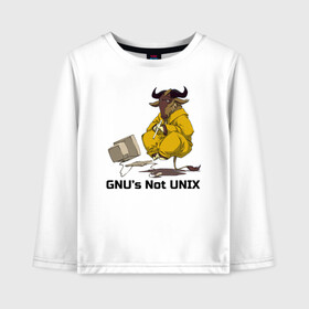 Детский лонгслив хлопок с принтом GNU’s Not UNIX в Петрозаводске, 100% хлопок | круглый вырез горловины, полуприлегающий силуэт, длина до линии бедер | Тематика изображения на принте: gnu | linux | not unix | programming | гну | линукс | программист | сисадмин | системный администратор
