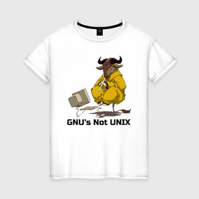 Женская футболка хлопок с принтом GNU’s Not UNIX в Петрозаводске, 100% хлопок | прямой крой, круглый вырез горловины, длина до линии бедер, слегка спущенное плечо | gnu | linux | not unix | programming | гну | линукс | программист | сисадмин | системный администратор