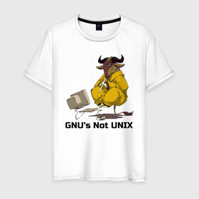 Мужская футболка хлопок с принтом GNU’s Not UNIX в Петрозаводске, 100% хлопок | прямой крой, круглый вырез горловины, длина до линии бедер, слегка спущенное плечо. | gnu | linux | not unix | programming | гну | линукс | программист | сисадмин | системный администратор