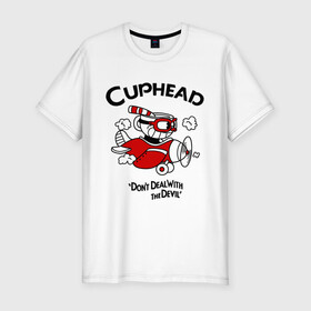 Мужская футболка хлопок Slim с принтом Cuphead на самолёте в Петрозаводске, 92% хлопок, 8% лайкра | приталенный силуэт, круглый вырез ворота, длина до линии бедра, короткий рукав | cuphead | cuphead and mugman | dont deal with the devil | игры | капхед | самолёт | чашеголовый