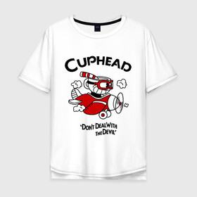 Мужская футболка хлопок Oversize с принтом Cuphead на самолёте в Петрозаводске, 100% хлопок | свободный крой, круглый ворот, “спинка” длиннее передней части | cuphead | cuphead and mugman | dont deal with the devil | игры | капхед | самолёт | чашеголовый