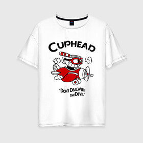 Женская футболка хлопок Oversize с принтом Cuphead на самолёте в Петрозаводске, 100% хлопок | свободный крой, круглый ворот, спущенный рукав, длина до линии бедер
 | cuphead | cuphead and mugman | dont deal with the devil | игры | капхед | самолёт | чашеголовый