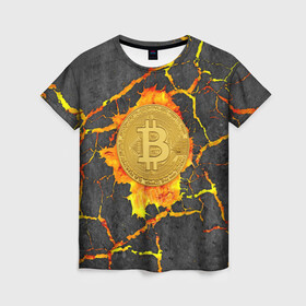Женская футболка 3D с принтом Вулканический Биткоин в Петрозаводске, 100% полиэфир ( синтетическое хлопкоподобное полотно) | прямой крой, круглый вырез горловины, длина до линии бедер | Тематика изображения на принте: bitcoin | биткоины | вулкан | крипта | криптовалюта | лава | огонь