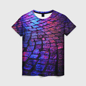 Женская футболка 3D с принтом Мокрый асфальт в Петрозаводске, 100% полиэфир ( синтетическое хлопкоподобное полотно) | прямой крой, круглый вырез горловины, длина до линии бедер | асфальт | дождь. | мокрый асфальт | неон | неоновый асфальт