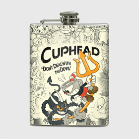 Фляга с принтом Cuphead and Devil в Петрозаводске, металлический корпус | емкость 0,22 л, размер 125 х 94 мм. Виниловая наклейка запечатывается полностью | Тематика изображения на принте: cuphead | devil | dont deal with the devil | все персонажи | дьявол | игры | капхед | чашеголовый | черт