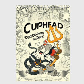 Скетчбук с принтом Cuphead and Devil в Петрозаводске, 100% бумага
 | 48 листов, плотность листов — 100 г/м2, плотность картонной обложки — 250 г/м2. Листы скреплены сверху удобной пружинной спиралью | cuphead | devil | dont deal with the devil | все персонажи | дьявол | игры | капхед | чашеголовый | черт