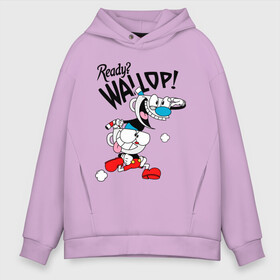 Мужское худи Oversize хлопок с принтом Ready? Wallop! Cuphead в Петрозаводске, френч-терри — 70% хлопок, 30% полиэстер. Мягкий теплый начес внутри —100% хлопок | боковые карманы, эластичные манжеты и нижняя кромка, капюшон на магнитной кнопке | Тематика изображения на принте: cuphead | cuphead and mugman | mugman | ready | wallop | игры | капхед | чашеголовый