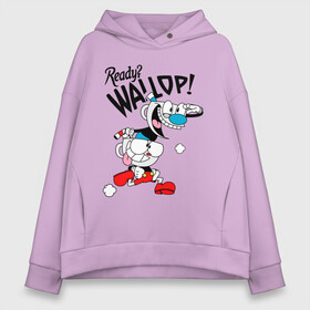 Женское худи Oversize хлопок с принтом Ready? Wallop! Cuphead в Петрозаводске, френч-терри — 70% хлопок, 30% полиэстер. Мягкий теплый начес внутри —100% хлопок | боковые карманы, эластичные манжеты и нижняя кромка, капюшон на магнитной кнопке | Тематика изображения на принте: cuphead | cuphead and mugman | mugman | ready | wallop | игры | капхед | чашеголовый