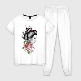 Женская пижама хлопок с принтом Азиатская девушка в Петрозаводске, 100% хлопок | брюки и футболка прямого кроя, без карманов, на брюках мягкая резинка на поясе и по низу штанин | красиво | нежные | ниндзя | пионы | самурай | тату | цветы | япония