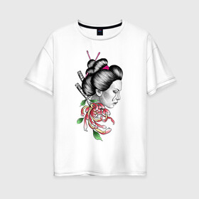 Женская футболка хлопок Oversize с принтом Азиатская девушка в Петрозаводске, 100% хлопок | свободный крой, круглый ворот, спущенный рукав, длина до линии бедер
 | красиво | нежные | ниндзя | пионы | самурай | тату | цветы | япония