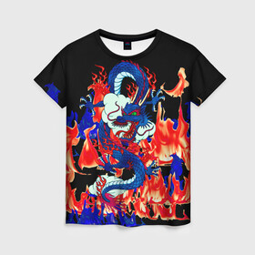 Женская футболка 3D с принтом Огненный Дракон в Петрозаводске, 100% полиэфир ( синтетическое хлопкоподобное полотно) | прямой крой, круглый вырез горловины, длина до линии бедер | akatsuki | beast | dragon | fire | акацуки | дракон | животные | зверь | змей | когти | облако | огонь | узор | чб | японский