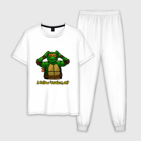 Мужская пижама хлопок с принтом Микеланджело в Петрозаводске, 100% хлопок | брюки и футболка прямого кроя, без карманов, на брюках мягкая резинка на поясе и по низу штанин
 | Тематика изображения на принте: donatello | leonardo | michelangelo | ninja | pizza | raphael | turtles | донателло | животные | карате | комикс | комиксы | леонардо | микеланджело | мультфильм | мутант | мутанты | ниндзя | пицца | рафаэль | сплинтер | супергерой