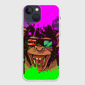 Чехол для iPhone 13 mini с принтом 3D Neon Monkey в Петрозаводске,  |  | 3d очки | bapy | brand | chimp | cool paint | fashion | hype beast | japan | neon | paint | trend | анаглиф | байп | байпи | брызги красок | бэйп | бэйпи | камуфляж | купающаяся обезьяна | мода | неон | тренд | хайп бист | хайповый бренд | ш