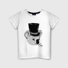 Детская футболка хлопок с принтом Коала Джентльмен в Цилиндре в Петрозаводске, 100% хлопок | круглый вырез горловины, полуприлегающий силуэт, длина до линии бедер | art | bear | coala | gentleman | illustration | koala | top hap | австралия | арт | иллюстрация | медведь | рисунок | сумчатые | цилиндр | шляпа | эвкалипт