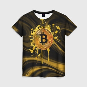 Женская футболка 3D с принтом Биткоин Крипта в Петрозаводске, 100% полиэфир ( синтетическое хлопкоподобное полотно) | прямой крой, круглый вырез горловины, длина до линии бедер | bitcoin | crypto | gold | money | биток | валюта | деньги | золото | криптовалюта