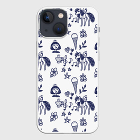 Чехол для iPhone 13 mini с принтом Девчачий дудл в Петрозаводске,  |  | doodle | бабочка | белый | девочка | дудл | дудлы | единорог | звезда | звёзды | корона | листья | лошадка | мороженое | ноты | пегас | пони | сердечко | сердца | сердце | синий | сладость | цветок
