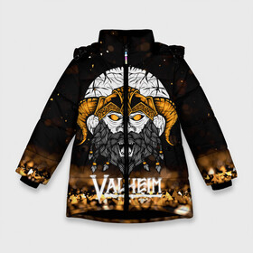 Зимняя куртка для девочек 3D с принтом Valheim Viking Gold в Петрозаводске, ткань верха — 100% полиэстер; подклад — 100% полиэстер, утеплитель — 100% полиэстер. | длина ниже бедра, удлиненная спинка, воротник стойка и отстегивающийся капюшон. Есть боковые карманы с листочкой на кнопках, утяжки по низу изделия и внутренний карман на молнии. 

Предусмотрены светоотражающий принт на спинке, радужный светоотражающий элемент на пуллере молнии и на резинке для утяжки. | fantasy | mmo | valheim | valve | валхейм | вальхейм | викинги | выживалка | игра | королевская битва | ммо | ролевая игра | фэнтази