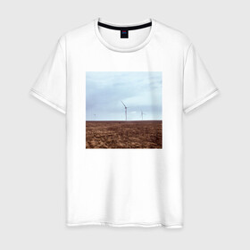 Мужская футболка хлопок с принтом Ветрогенераторы в поле в Петрозаводске, 100% хлопок | прямой крой, круглый вырез горловины, длина до линии бедер, слегка спущенное плечо. | ветрогенератор | день | небо | облака | экология