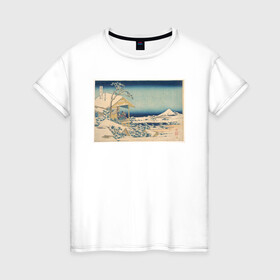 Женская футболка хлопок с принтом Снежное утро на реке Коисикава в Петрозаводске, 100% хлопок | прямой крой, круглый вырез горловины, длина до линии бедер, слегка спущенное плечо | кацусики хокусай | тридцать шесть видов фудзи | фудзи | япония | японская графика