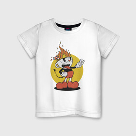 Детская футболка хлопок с принтом Cuphead в Петрозаводске, 100% хлопок | круглый вырез горловины, полуприлегающий силуэт, длина до линии бедер | cartoon | cuphead | fire | game | illustration | mugman