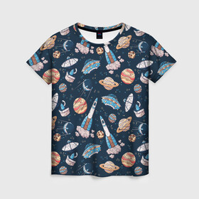 Женская футболка 3D с принтом Корабли, планеты и спутники в Петрозаводске, 100% полиэфир ( синтетическое хлопкоподобное полотно) | прямой крой, круглый вырез горловины, длина до линии бедер | space | арт | звезды | корабли | космос | планеты | ракеты | рисунок | спутники