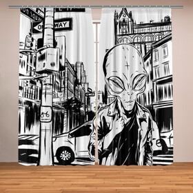 Фотошторы с принтом Портрет пришельца в Нью Йорке в Петрозаводске, Блэкаут (светозащита 90%) / Габардин (светозащита 40% | 2 полотна шириной по 145 см; Высота 200-300 см; Крепление: шторная лента (на крючки); | Тематика изображения на принте: alien | art | hipster | illustration | landscape | new york | ufo | арт | иллюстрация | инопланетянин | картина | нло | нью йорк | пейзаж | пешеходный переход | пришелец | рисунок | рисунок карандашом | светофор | указатель