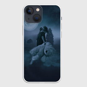 Чехол для iPhone 13 mini с принтом Девочка и полнолуние в Петрозаводске,  |  | девочка | игрушка | лев | луна | ночь | полнолуние | туман