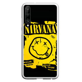 Чехол для Honor P30 с принтом Nirvana 1987 в Петрозаводске, Силикон | Область печати: задняя сторона чехла, без боковых панелей | album | curt | kobain | logo | music | nevermind | nirvana | rock | smells like | smile | teen spirit | альбом | гитара | курт кобейн | логотип | музыка | невермайнд | нирвана | рок | смайл | стикер