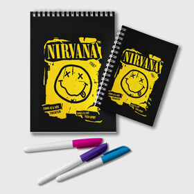 Блокнот с принтом Nirvana 1987 в Петрозаводске, 100% бумага | 48 листов, плотность листов — 60 г/м2, плотность картонной обложки — 250 г/м2. Листы скреплены удобной пружинной спиралью. Цвет линий — светло-серый
 | album | curt | kobain | logo | music | nevermind | nirvana | rock | smells like | smile | teen spirit | альбом | гитара | курт кобейн | логотип | музыка | невермайнд | нирвана | рок | смайл | стикер