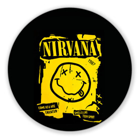 Коврик для мышки круглый с принтом Nirvana 1987 в Петрозаводске, резина и полиэстер | круглая форма, изображение наносится на всю лицевую часть | album | curt | kobain | logo | music | nevermind | nirvana | rock | smells like | smile | teen spirit | альбом | гитара | курт кобейн | логотип | музыка | невермайнд | нирвана | рок | смайл | стикер