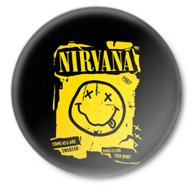 Значок с принтом Nirvana 1987 в Петрозаводске,  металл | круглая форма, металлическая застежка в виде булавки | album | curt | kobain | logo | music | nevermind | nirvana | rock | smells like | smile | teen spirit | альбом | гитара | курт кобейн | логотип | музыка | невермайнд | нирвана | рок | смайл | стикер