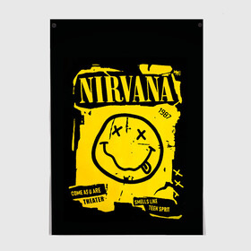 Постер с принтом Nirvana 1987 в Петрозаводске, 100% бумага
 | бумага, плотность 150 мг. Матовая, но за счет высокого коэффициента гладкости имеет небольшой блеск и дает на свету блики, но в отличии от глянцевой бумаги не покрыта лаком | album | curt | kobain | logo | music | nevermind | nirvana | rock | smells like | smile | teen spirit | альбом | гитара | курт кобейн | логотип | музыка | невермайнд | нирвана | рок | смайл | стикер