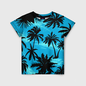 Детская футболка 3D с принтом Пальмы в Горизонте в Петрозаводске, 100% гипоаллергенный полиэфир | прямой крой, круглый вырез горловины, длина до линии бедер, чуть спущенное плечо, ткань немного тянется | palm | summer | summer time | tropics | tropix | горизонт | закат | летняя | море | небо | океан | пальма | пляж | пляжная