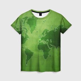 Женская футболка 3D с принтом Карта мира в Петрозаводске, 100% полиэфир ( синтетическое хлопкоподобное полотно) | прямой крой, круглый вырез горловины, длина до линии бедер | глобус | земля | карта | карта мира | континенты | материки | мир | планета | цифры