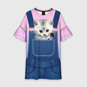 Детское платье 3D с принтом Котенок в кармане в Петрозаводске, 100% полиэстер | прямой силуэт, чуть расширенный к низу. Круглая горловина, на рукавах — воланы | Тематика изображения на принте: в кармане | в кармашке | животные | комбинезон | кот | котенок | котик | кошка