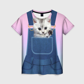 Женская футболка 3D с принтом Котенок в кармане в Петрозаводске, 100% полиэфир ( синтетическое хлопкоподобное полотно) | прямой крой, круглый вырез горловины, длина до линии бедер | в кармане | в кармашке | животные | комбинезон | кот | котенок | котик | кошка